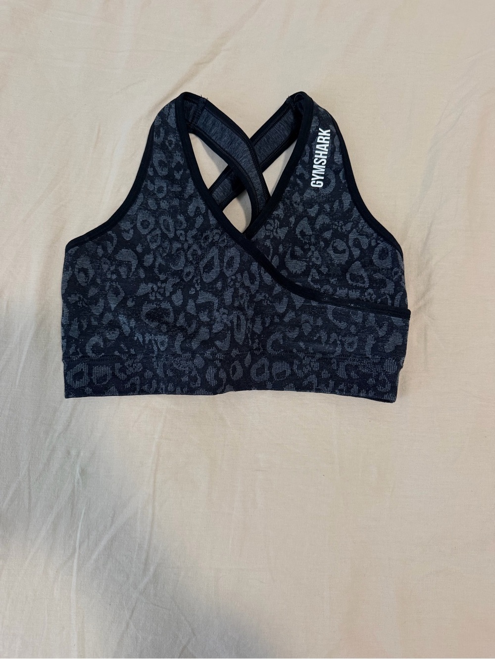 Gymshark Black Charcoal Leopard Cross-Back Sports Bra (no padding)
